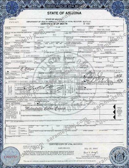 USA state Arizona death certificate template in PSD format, version 2